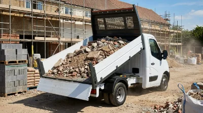 camion benne déversant des gravats dans un chantier