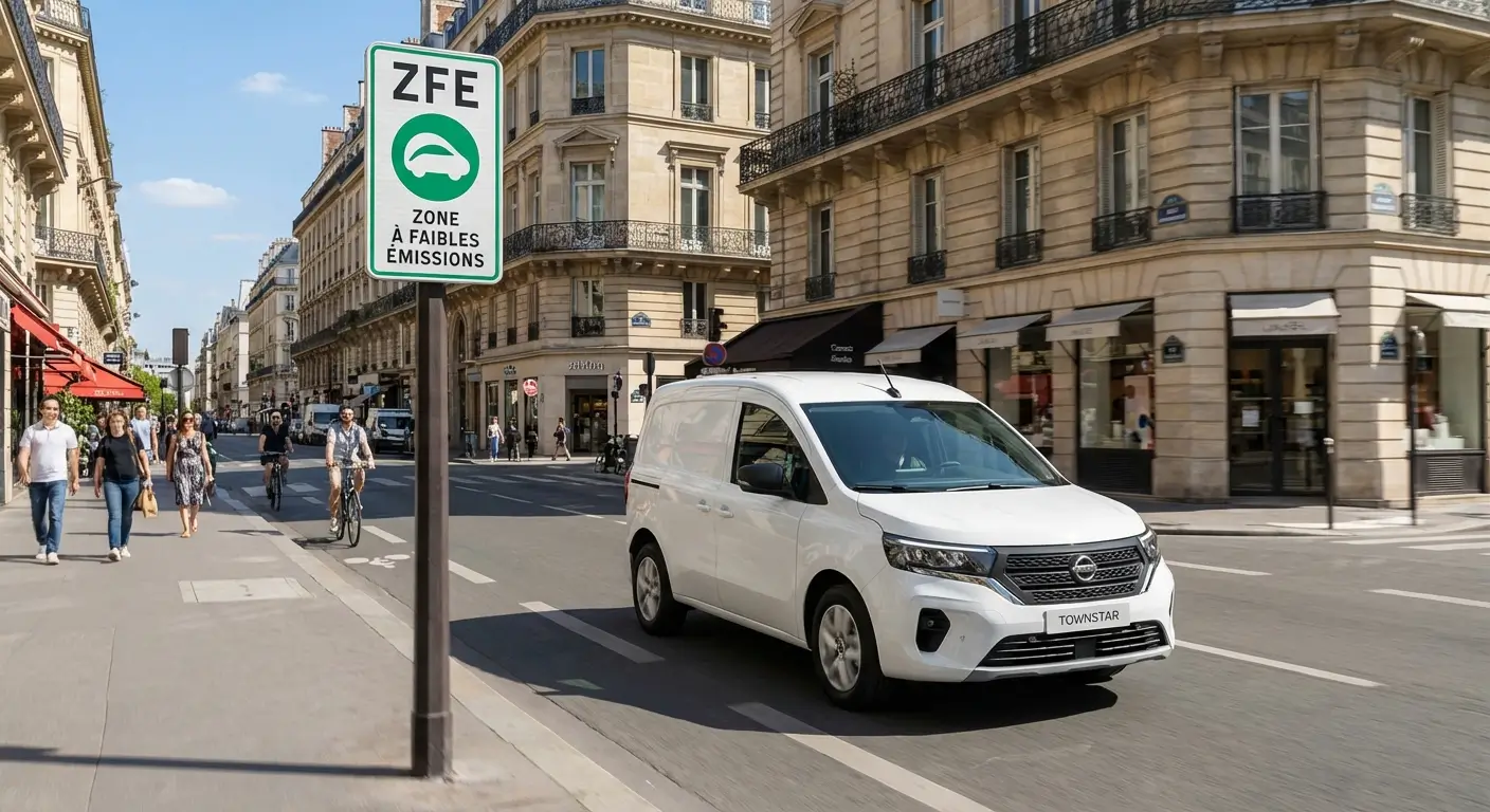 Fourgon utilitaire électrique circulant en zone à faibles émissions (ZFE) en centre-ville