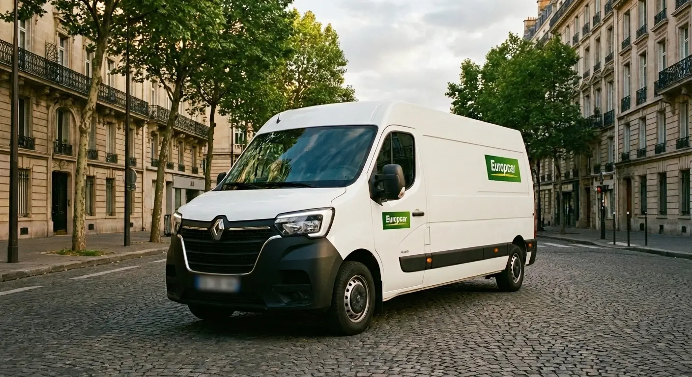 Fourgon utilitaire Europcar garé en centre-ville