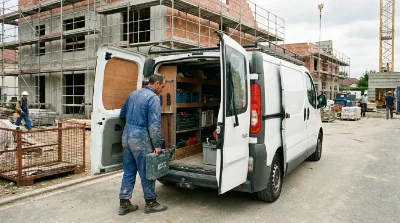 Artisan chargeant son utilitaire sur un chantier