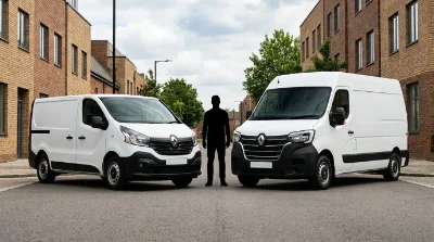 côte à côte de deux fourgons blancs : à gauche un Renault Trafic 6m³, à droite un Renault Master 10m³