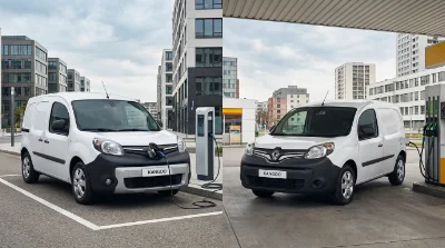 Fourgon électrique en charge à côté d'un utilitaire diesel à la station-service