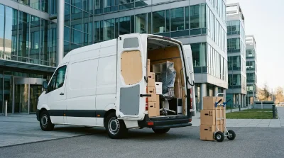 Photo réaliste d'un fourgon utilitaire 20m³ blanc garé devant un immeuble de bureaux moderne en verre et acier