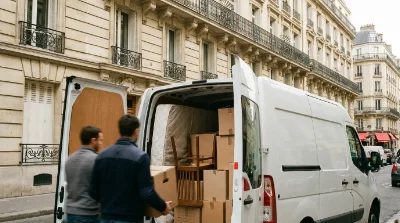 Renault Trafic blanc 6m³ garé devant un immeuble résidentiel