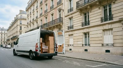 utilitaire blanc de 10m³ garé devant un immeuble résidentiel