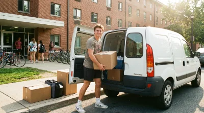 Étudiant chargeant des cartons dans un utilitaire pour son déménagement