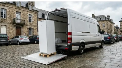 hayon élévateur hydraulique en position déployée à l'arrière d'un fourgon blanc 12m³