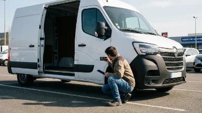 Personne effectuant l'état des lieux d'un utilitaire blanc avant la prise en charge, smartphone en main pour photographier les dommages