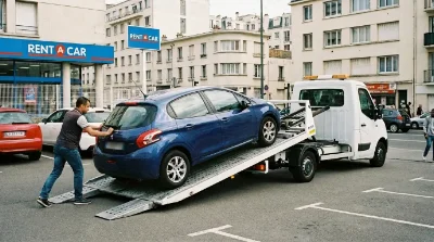 particulier chargeant sa voiture personnelle sur un camion plateau porte-voiture blanc