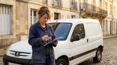 Auto-entrepreneuse consultant son téléphone devant une camionnette utilitaire blanche