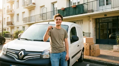 Jeune conducteur devant un utilitaire blanc prêt à partir pour un déménagement
