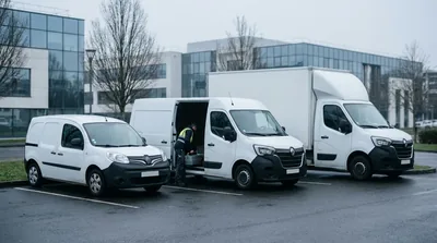 Trois utilitaires de location de volumes différents stationnés devant une entreprise