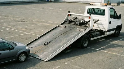camion porte-voiture blanc avec plateau basculant incliné vers le sol