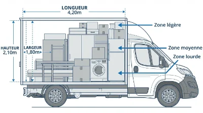 Schéma technique en vue de profil d'un utilitaire 20m3