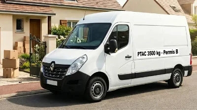 grand fourgon blanc de type Renault Master ou Ford Transit 20m³ garé devant une maison pavillonnaire