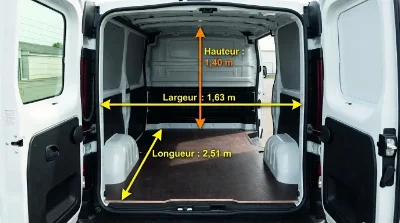 intérieur vide d'un utilitaire 6m³ (type Renault Trafic) vu depuis les portes arrières ouvertes