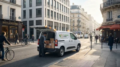 Fourgonnette électrique effectuant une livraison dans une rue urbaine