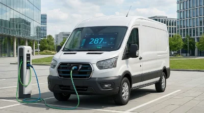 Utilitaire électrique en charge montrant l'autonomie restante sur l'écran