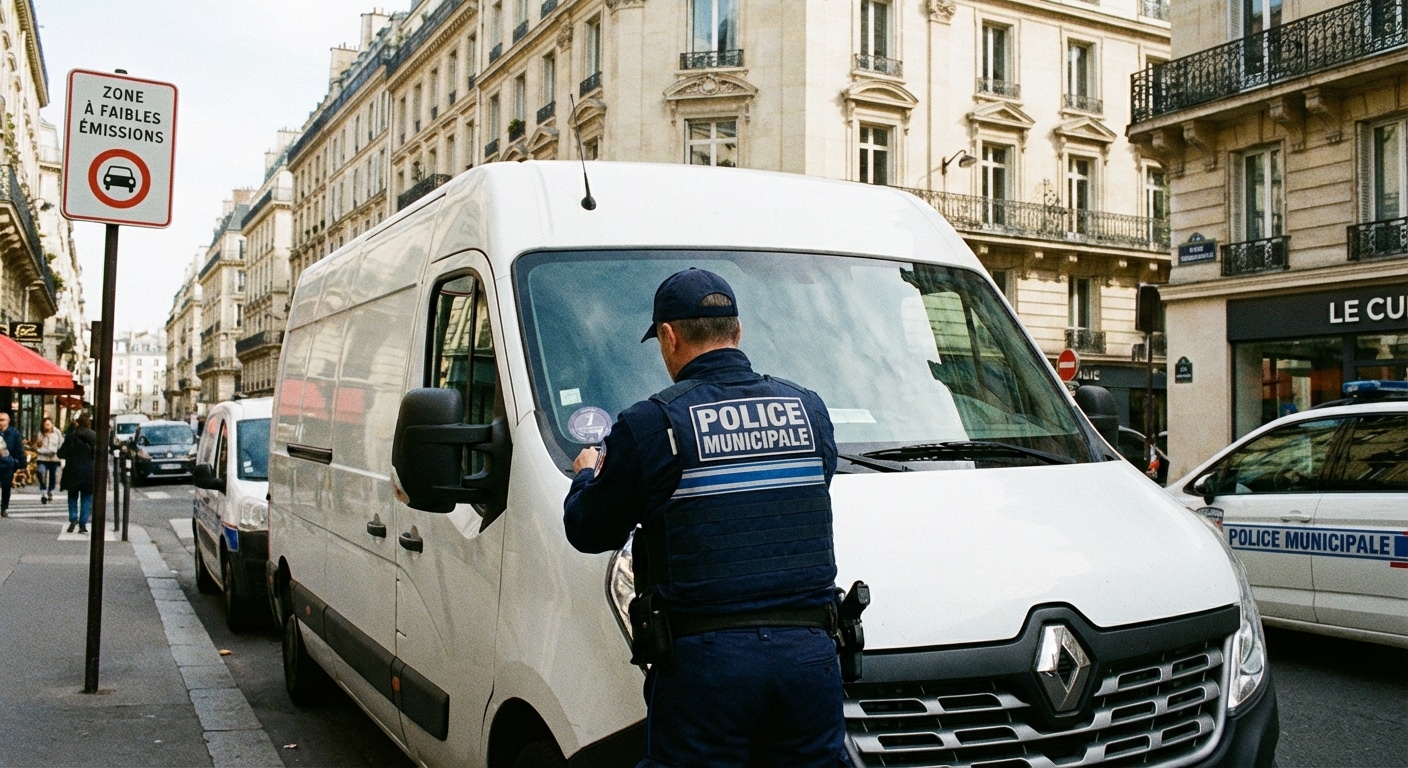 Contrôle de police vérifiant une vignette Crit'Air sur un utilitaire