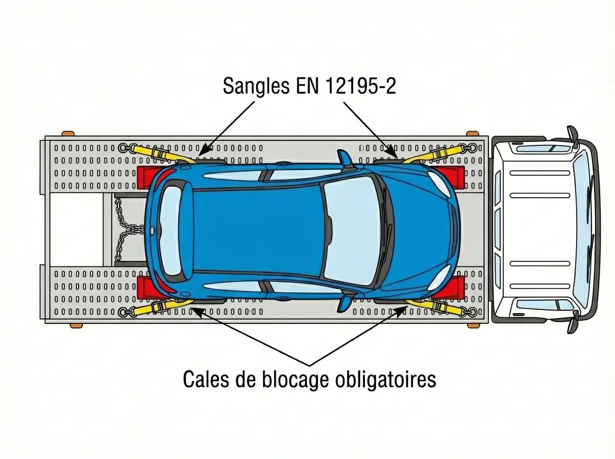 Arrimage réglementaire d'une voiture sur plateau avec sangles et cales