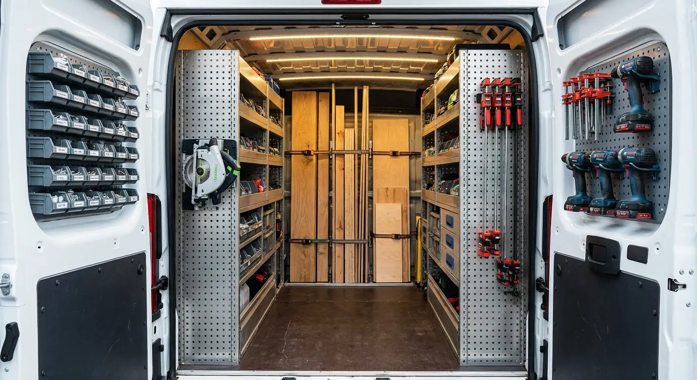 Menuisier rangeant du matériel dans un utilitaire 10m³ aménagé