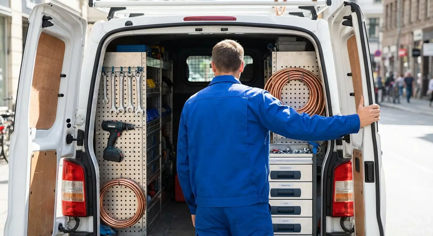 Artisan plombier ouvrant les portes arrière d'un utilitaire aménagé avec outils et matériel