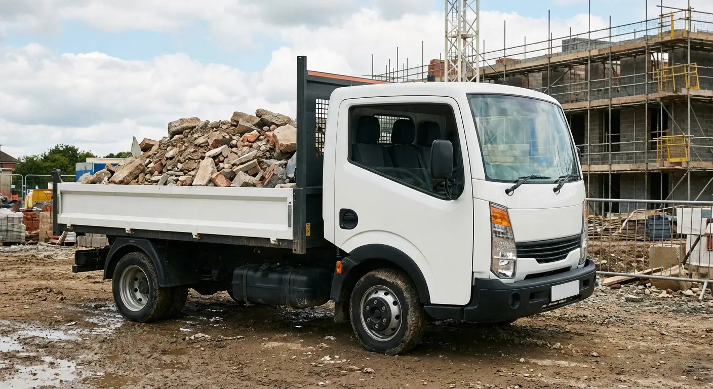 Camion benne simple cabine 3 places chargé de gravats sur un chantier