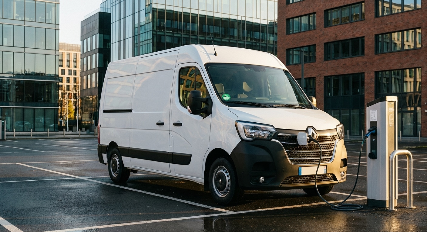 Utilitaire électrique en charge sur une borne publique en ville