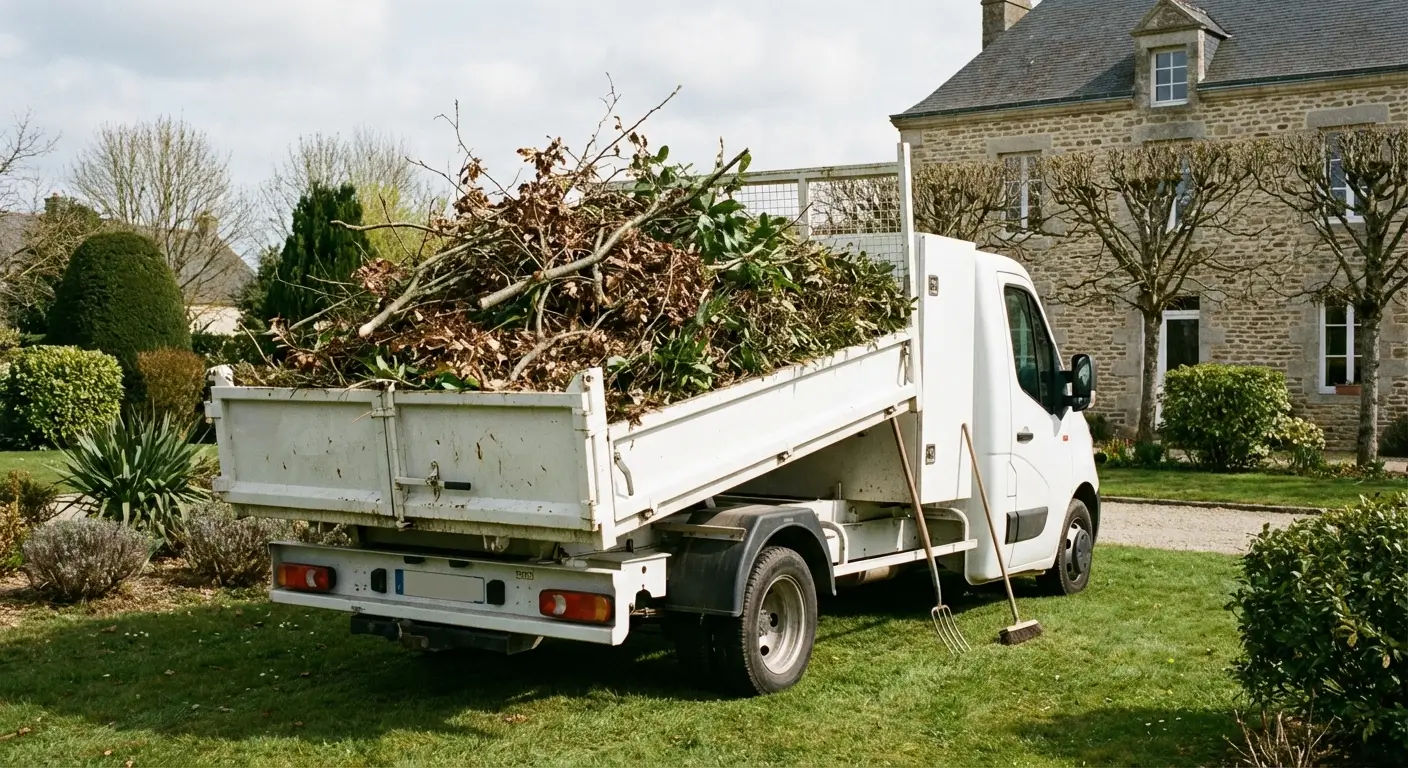 Camion benne chargé de branches et déchets verts de jardin
