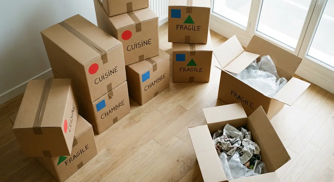 Cartons de déménagement étiquetés et empilés de manière organisée