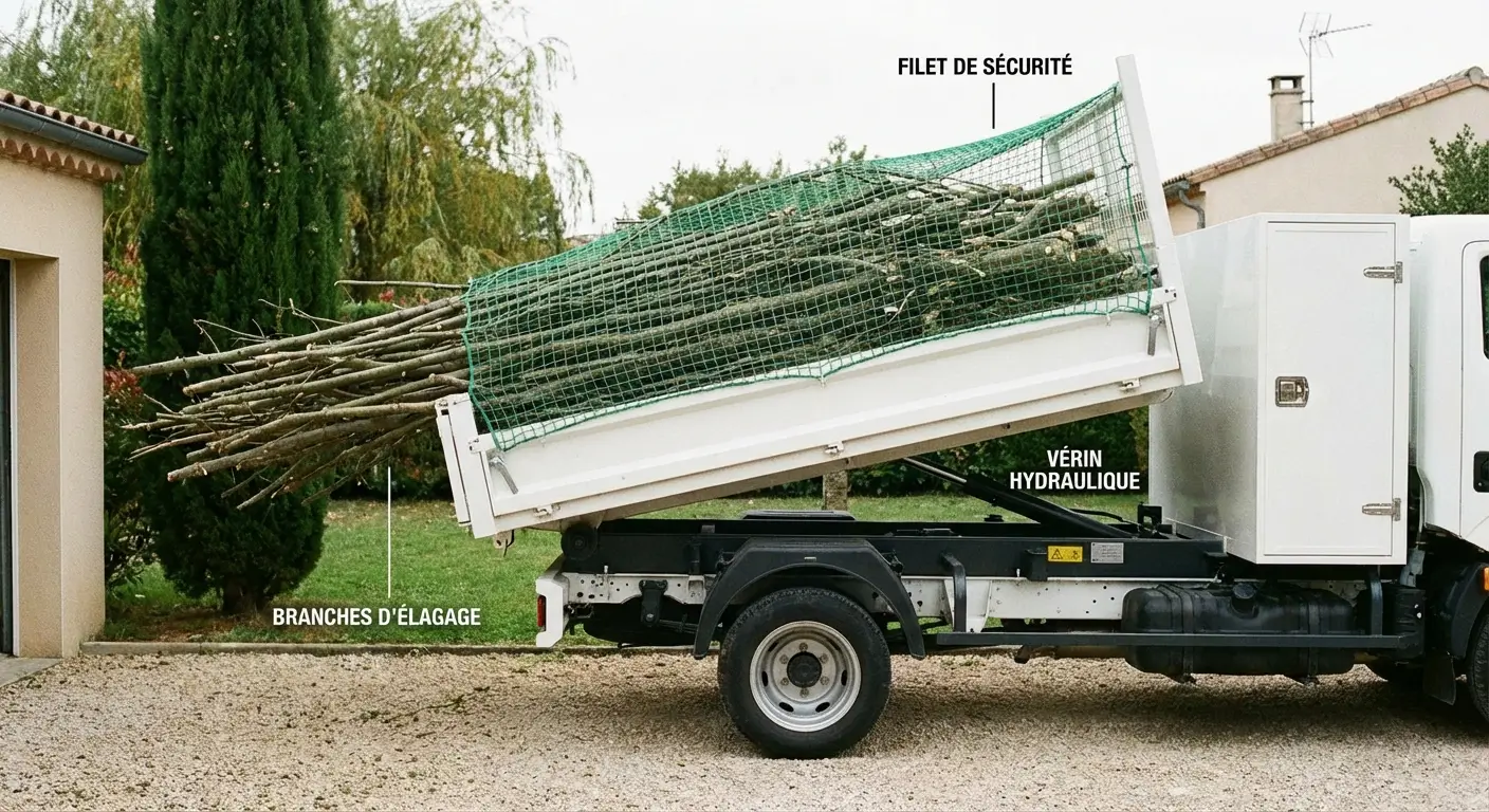 Chargement de branches dans une benne basculante