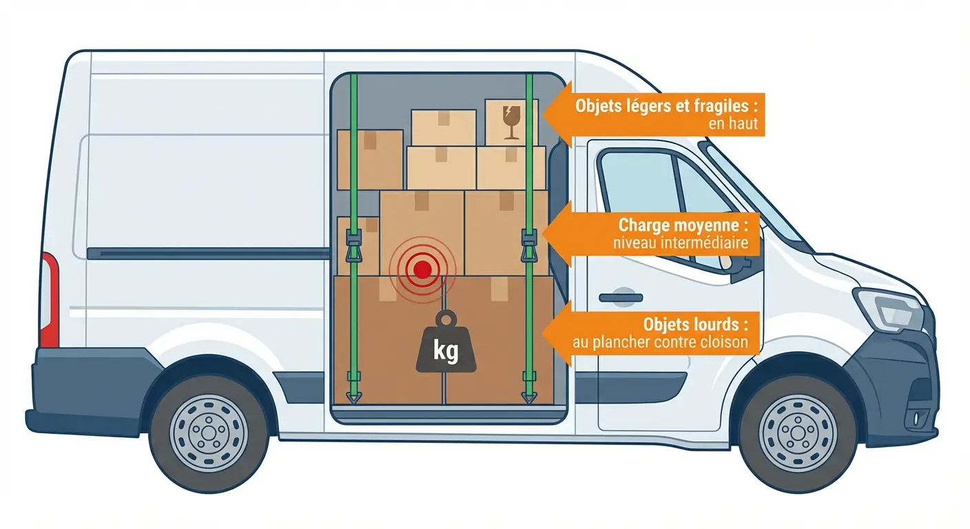 utilitaire 12m³ montrant l'intérieur du volume de chargement avec cartons de déménagement empilés correctement