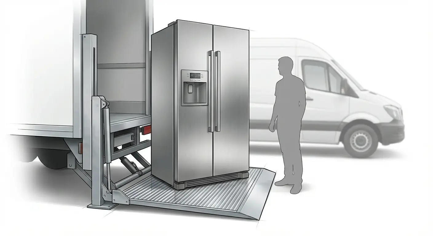 Chargement d'un réfrigérateur sur un hayon élévateur d'utilitaire