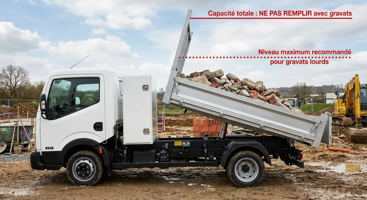 Chargement de gravats dans un camion benne avec indication du niveau de remplissage recommandé