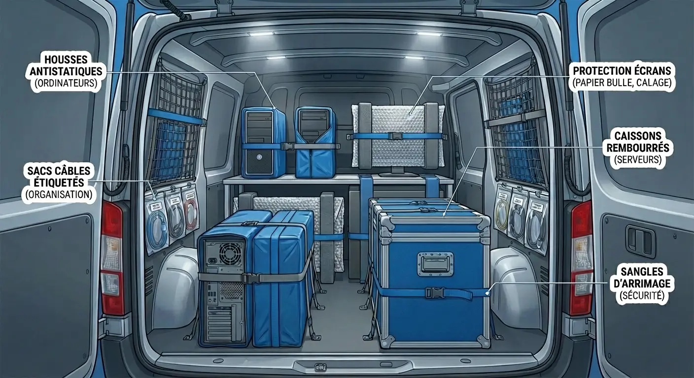 Chargement sécurisé de matériel informatique dans un utilitaire avec protection antistatique