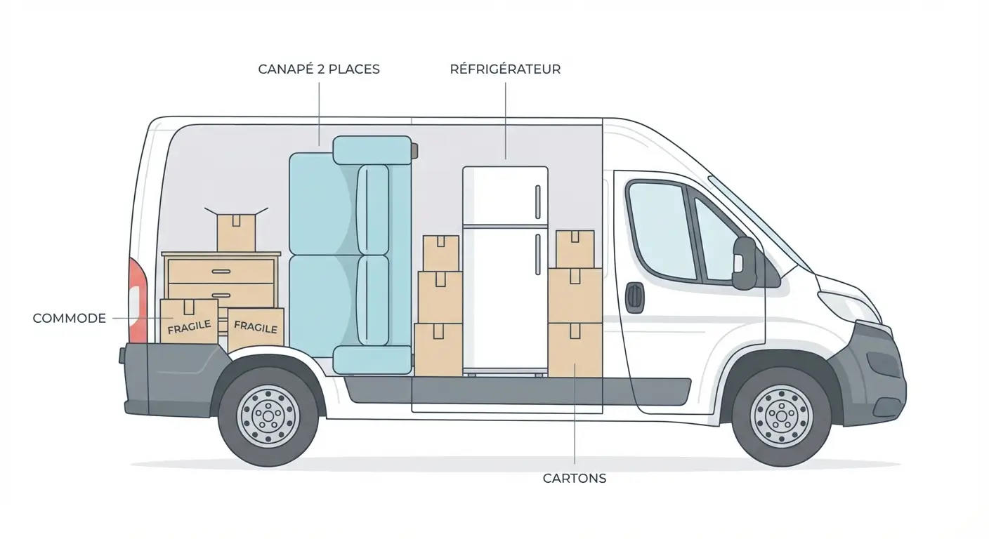 Schéma de chargement de meubles dans un utilitaire 6m³ avec canapé, armoire et électroménager