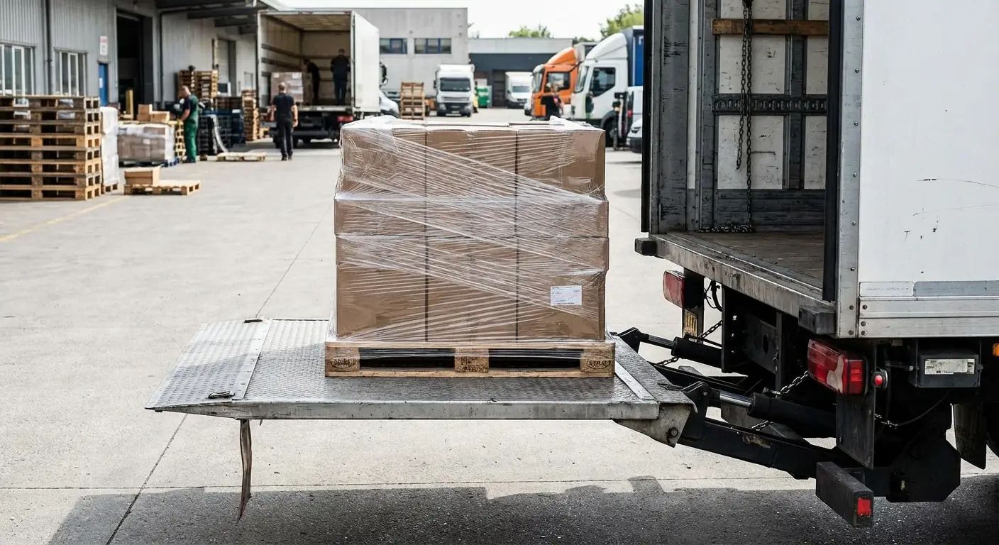 palette de marchandises sur hayon élévateur en cours de levage