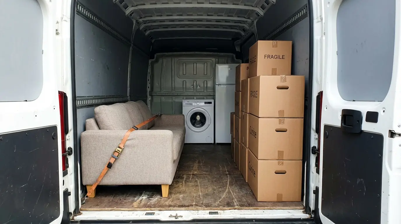 intérieur d'un utilitaire 10m³ vu depuis les portes arrière ouvertes