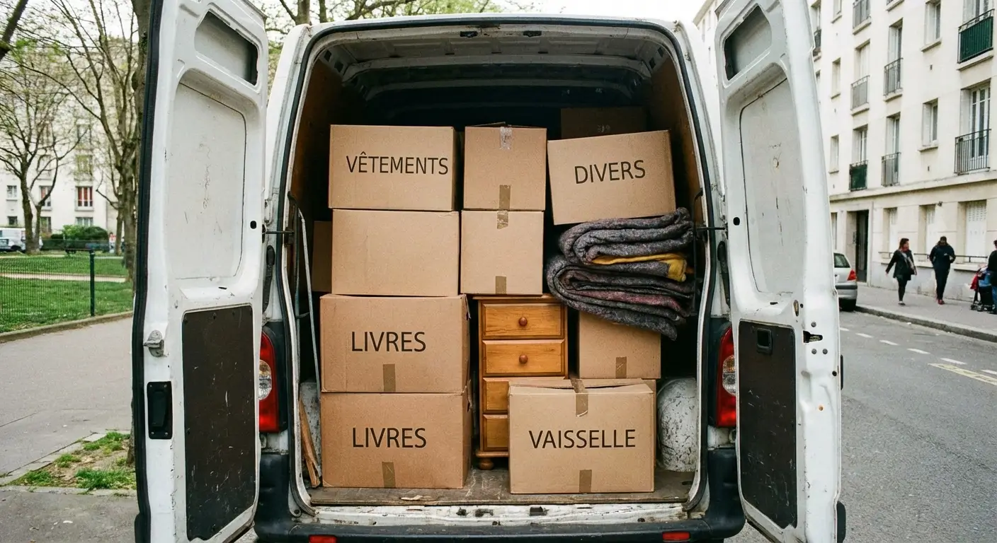 Intérieur d'un fourgon 6m³ avec cartons empilés et meubles chargés de manière optimale