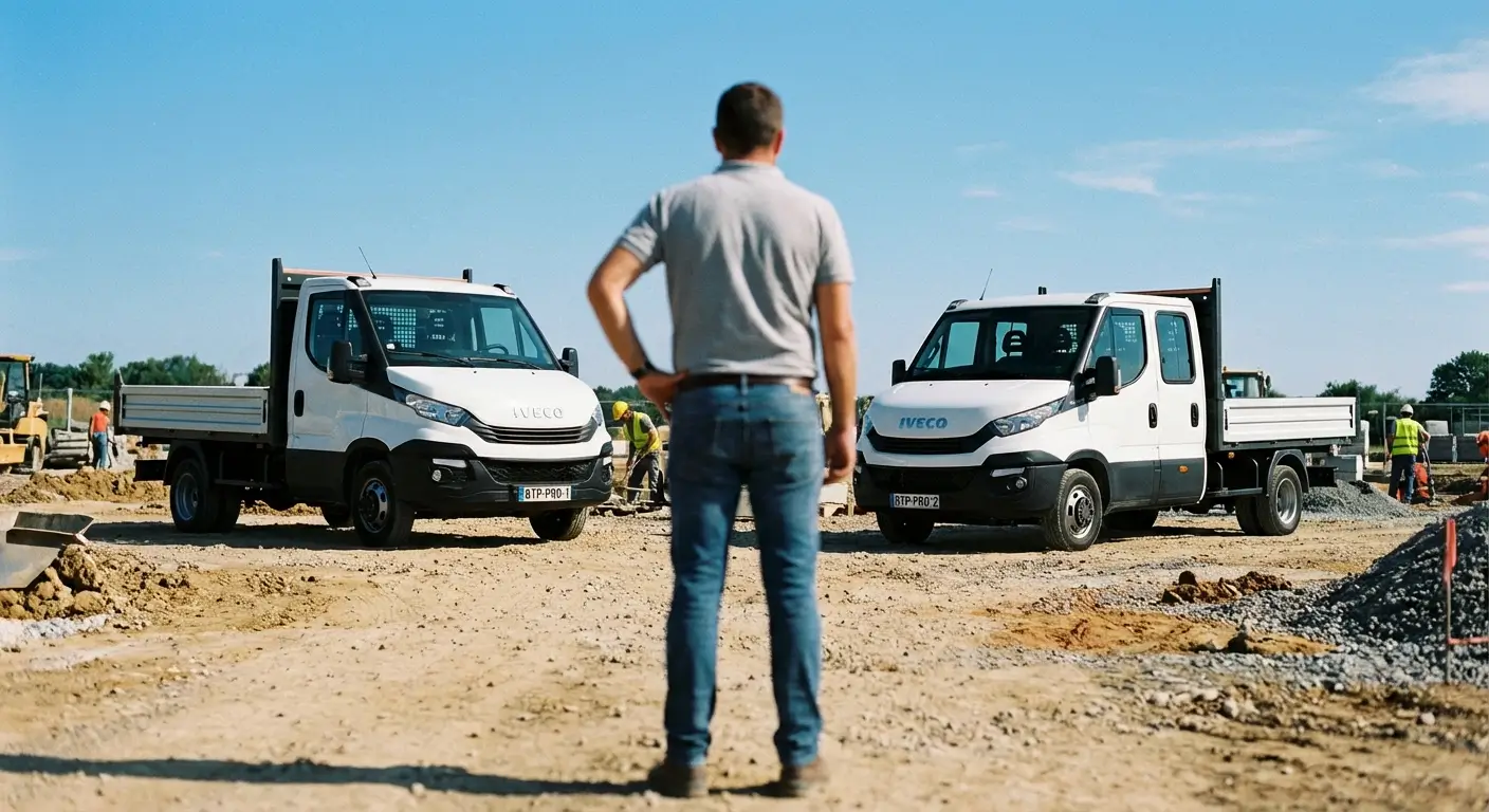 Professionnel choisissant entre simple et double cabine sur un chantier