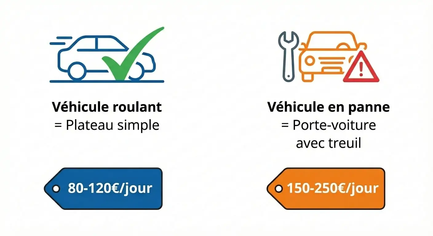 Illustration du choix entre plateau simple et porte-voiture selon l'état du véhicule