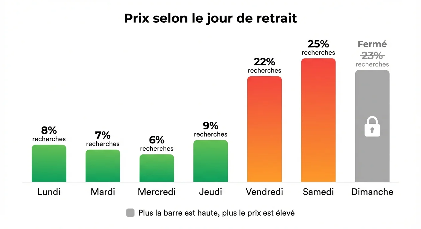 Comparaison des prix de location selon le jour de la semaine