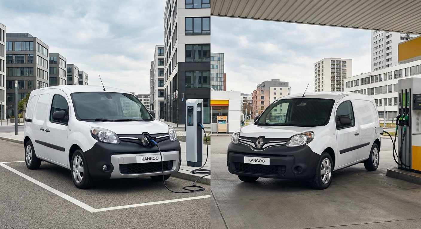 Fourgon électrique en charge à côté d'un utilitaire diesel à la station-service