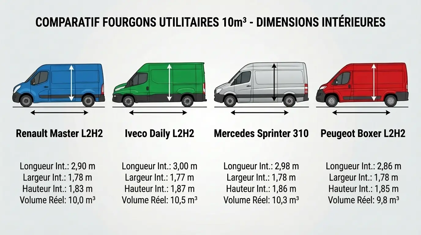 fourgons utilitaires 10m³ côte à côte : Renault Master, Iveco Daily, Mercedes Sprinter et Peugeot Boxer