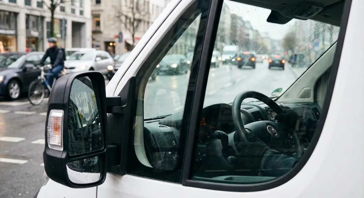 Vue depuis la cabine d'un utilitaire 6m³ avec rétroviseurs latéraux bien réglés