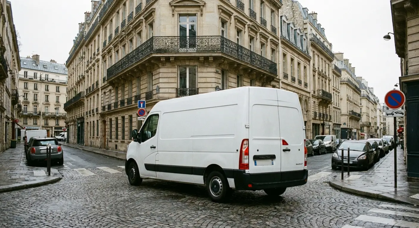 Conduite d'un utilitaire 12m³ dans une rue urbaine
