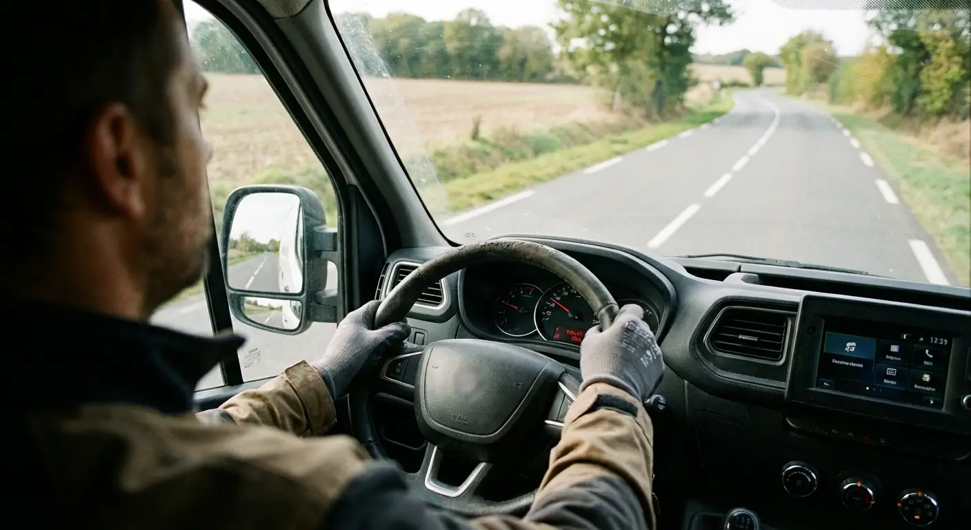 Conducteur ajustant ses rétroviseurs avant de prendre la route avec un utilitaire chargé