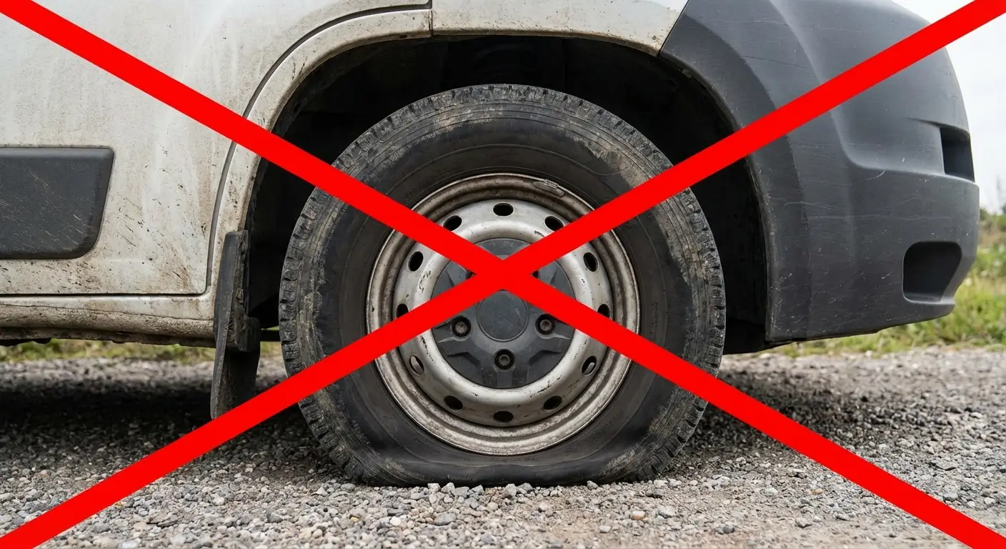 Pneu de véhicule complètement crevé barré d’une croix rouge indiquant une absence de couverture d’assurance