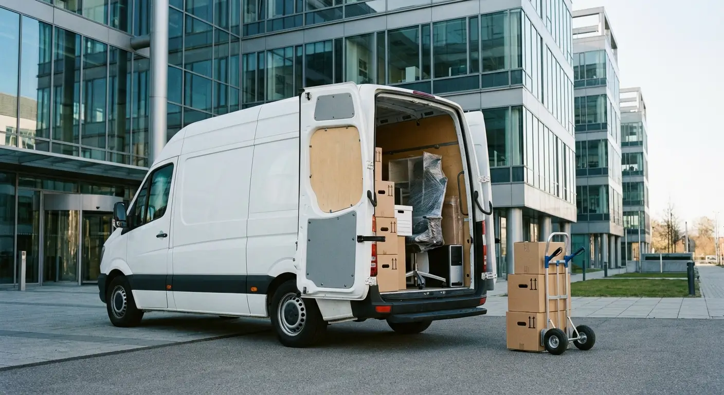 Utilitaire 20m³ devant un immeuble de bureaux lors d'un déménagement d'entreprise