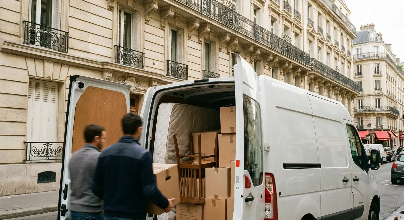 Utilitaire 6m³ chargé pour déménagement de studio avec cartons et meubles